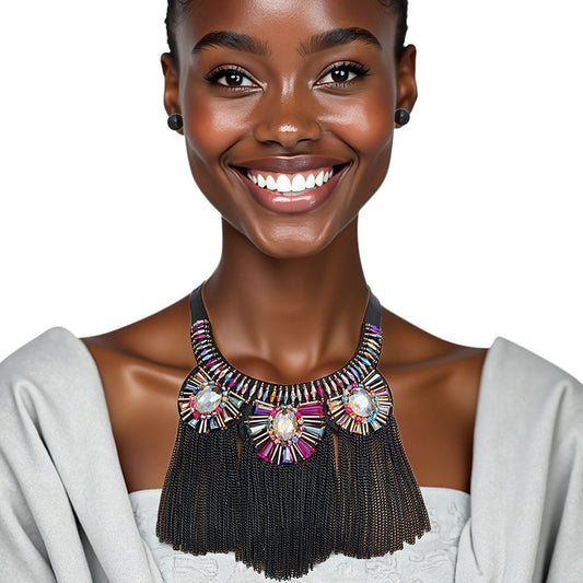 Bib Black Adjustable Beaded Fringe Necklace