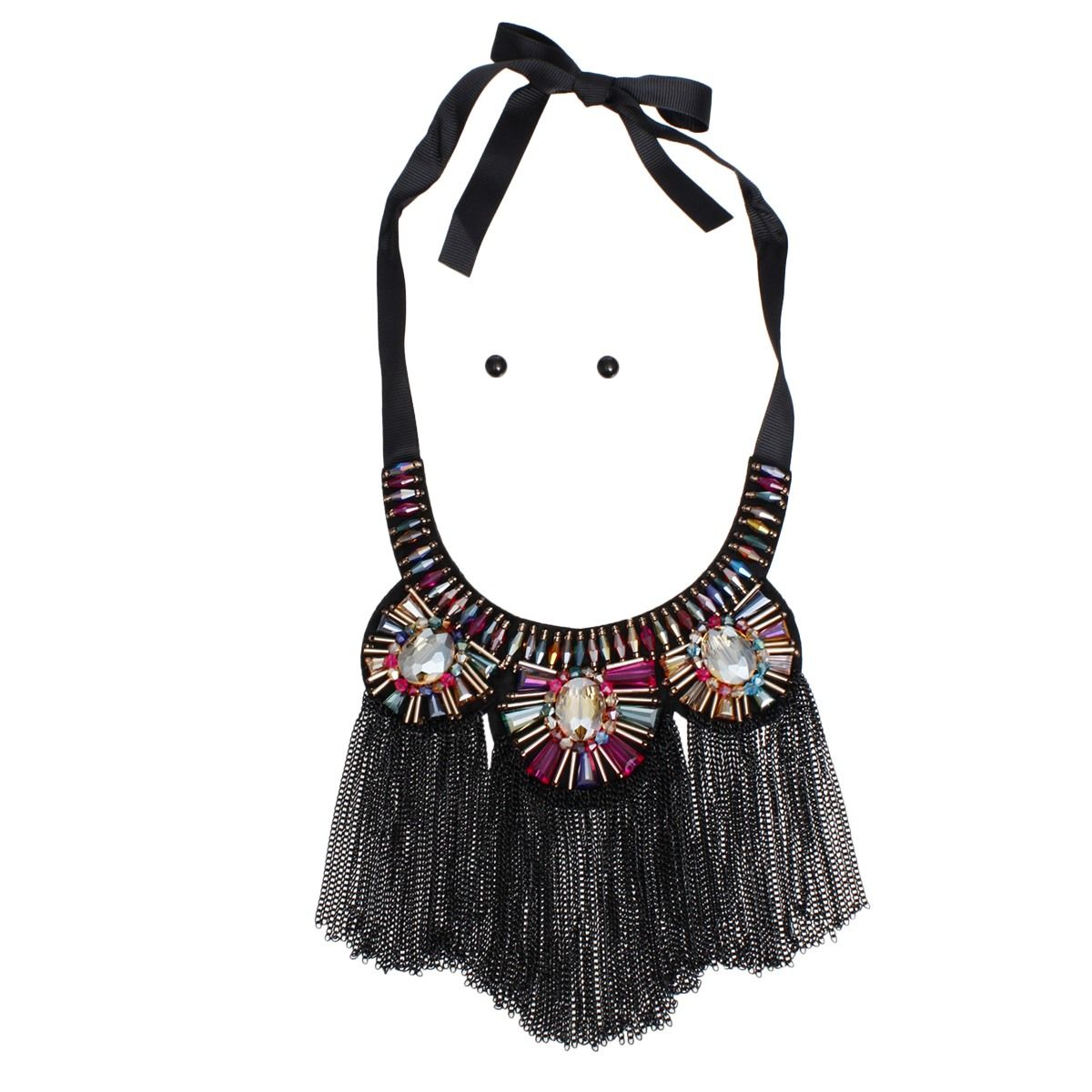 Bib Black Adjustable Beaded Fringe Necklace