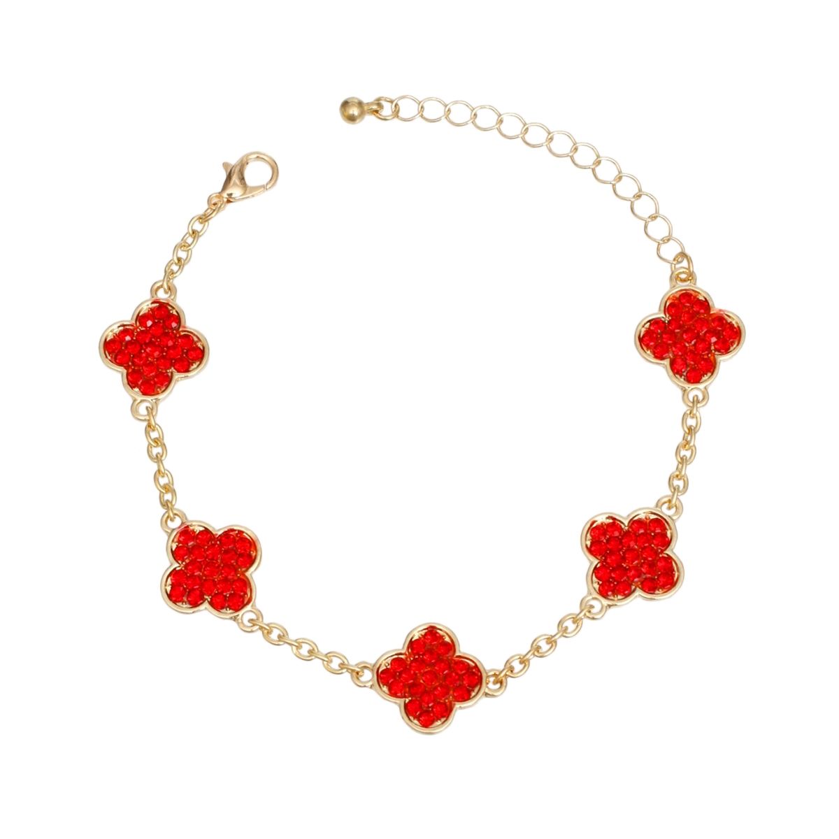 Chain Bracelet Red Rhinestone Quatrefoil Clovers