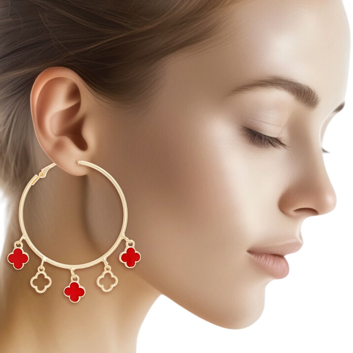 Hoops Gold Red Clover Dangle Charms Earrings Women