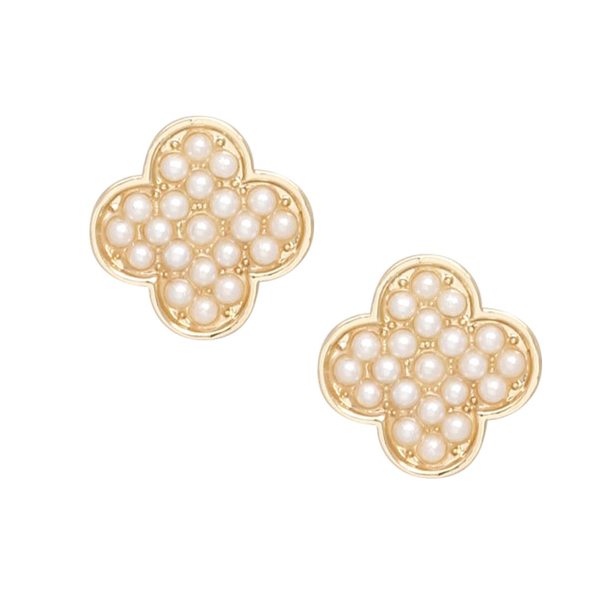 Studs Gold Cream Pearl Quatrefoil Clover Earrings