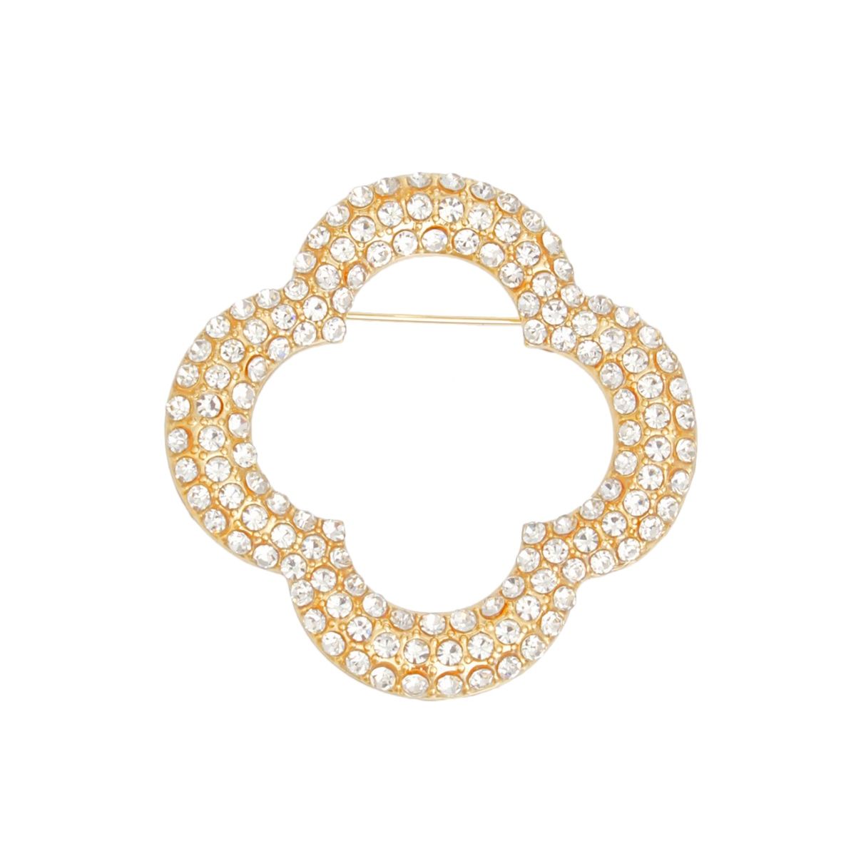Brooch Gold Rhinestone Quatrefoil Clover Pin