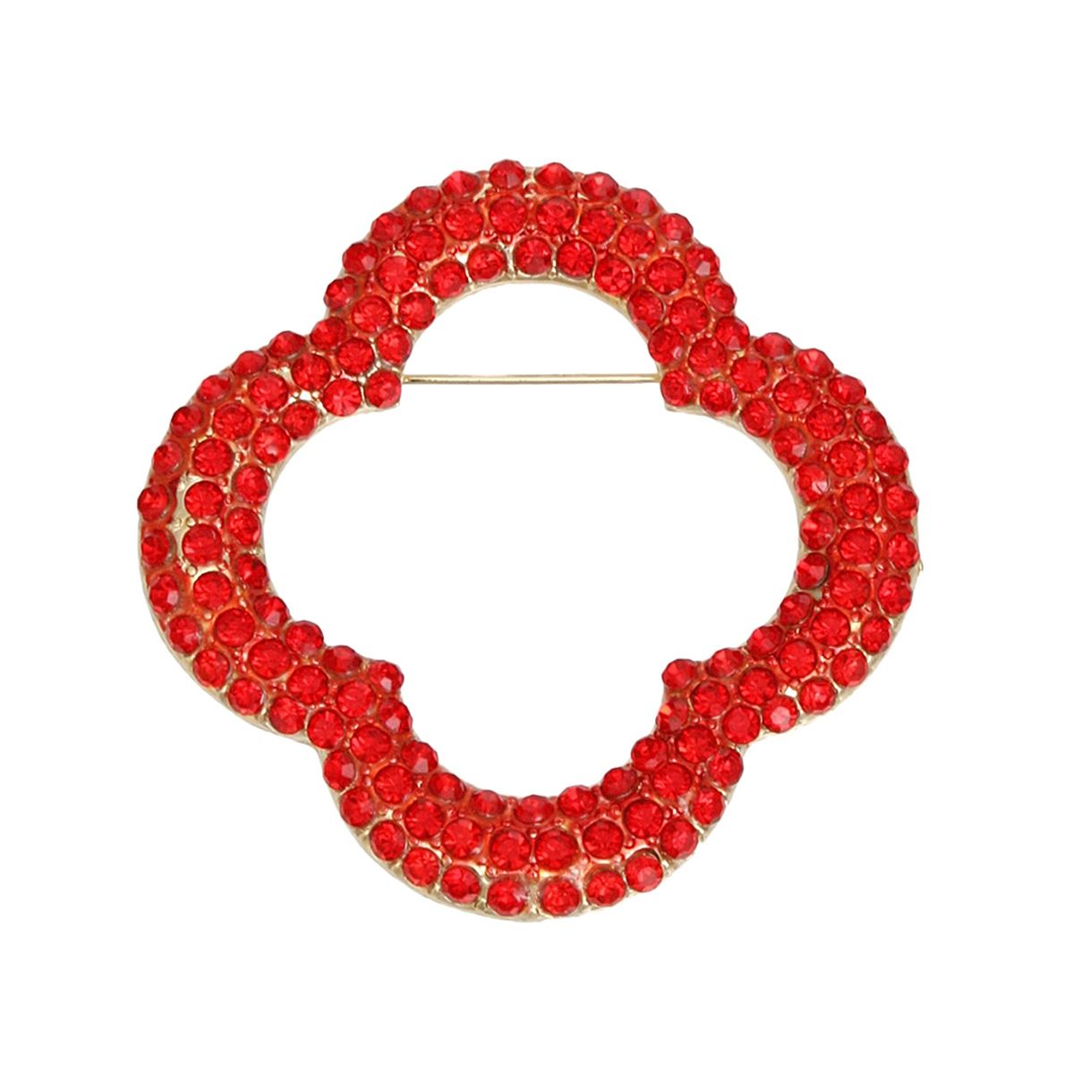 Brooch Red Rhinestone Quatrefoil Clover Pin