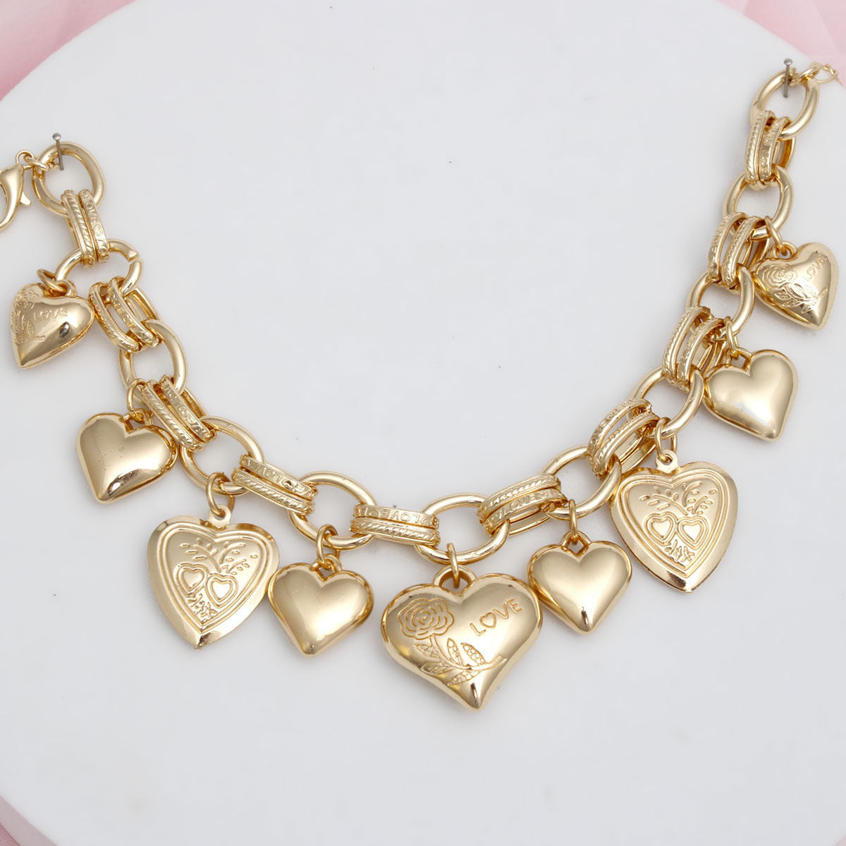 Charm Bracelet Gold Puffy Heart Chain for Women
