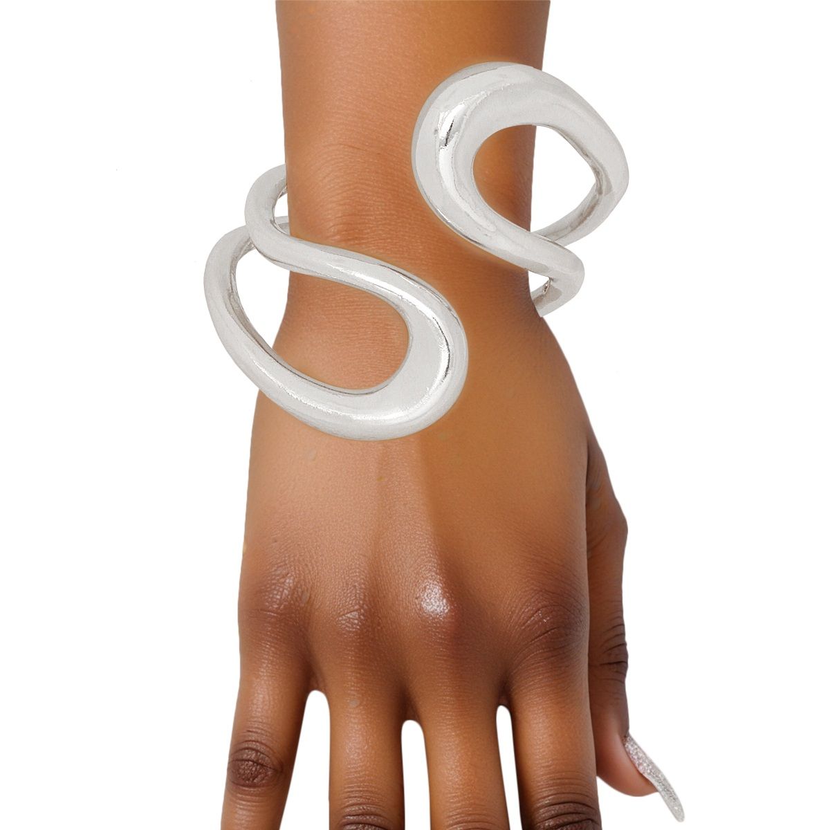 Cuff Rigid Looped Silver Metal Hinge Bracelet