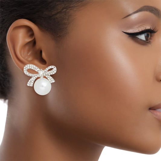 Studs Silver Ribbon Bow White Pearl Earrings Women