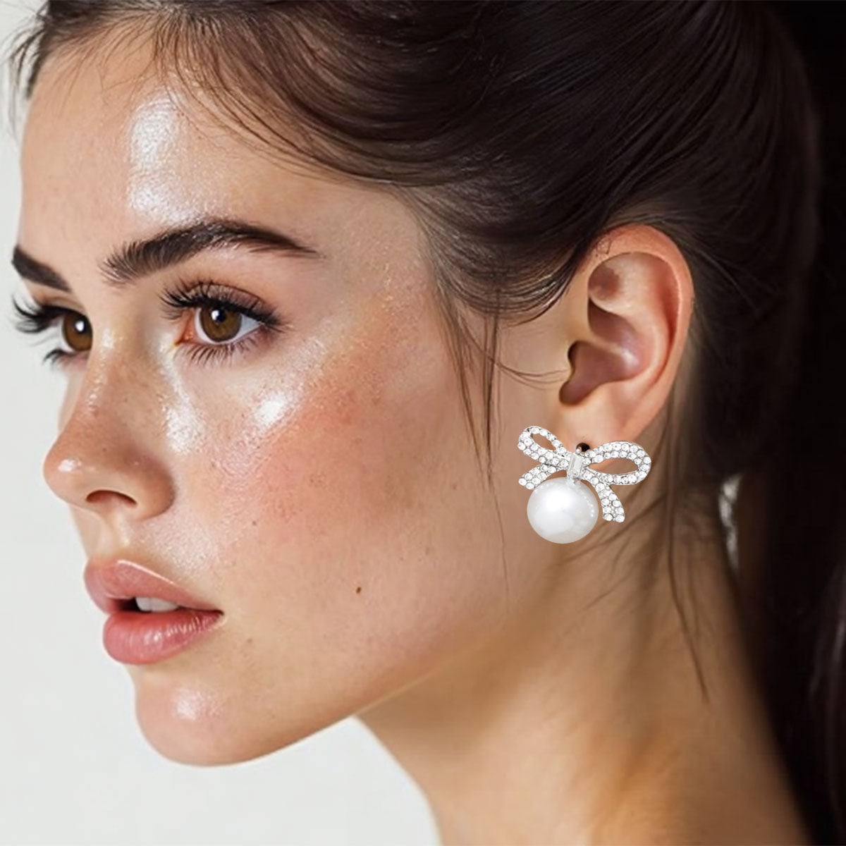 Studs Silver Ribbon Bow White Pearl Earrings Women