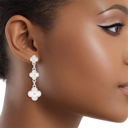 Dangle Silver Graduated Quatrefoil Clover Earrings