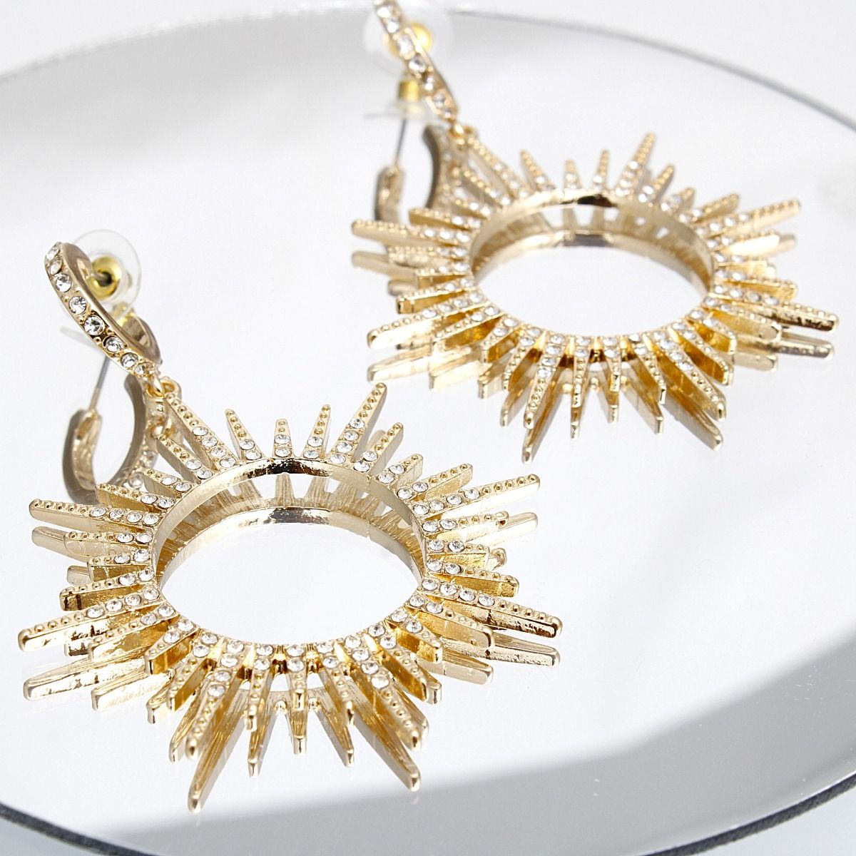 Drop Gold Open Hoop Sunburst Rhinestone Earrings