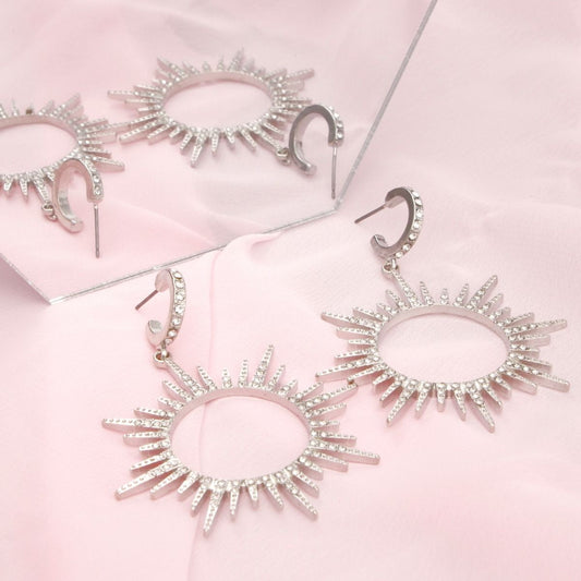 Drop Silver Open Hoop Sunburst Rhinestone Earrings