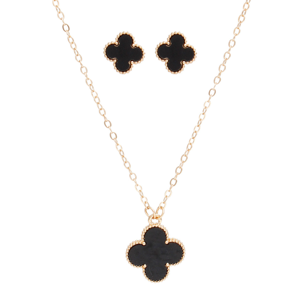 Pendant Vintage Black Quatrefoil Gold Necklace Set