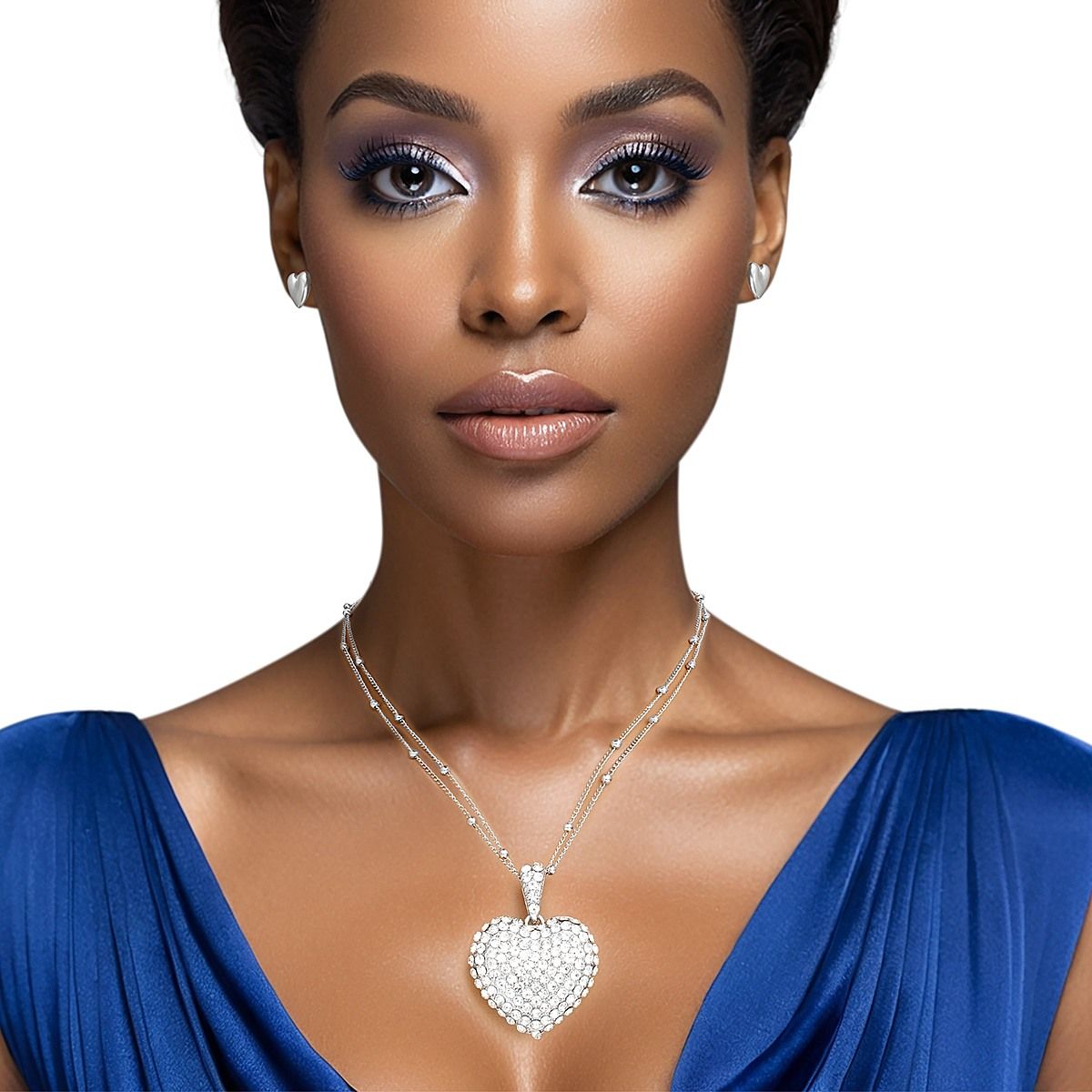 Pendant Silver 2 Layer Puffy Rhinestone Heart Set