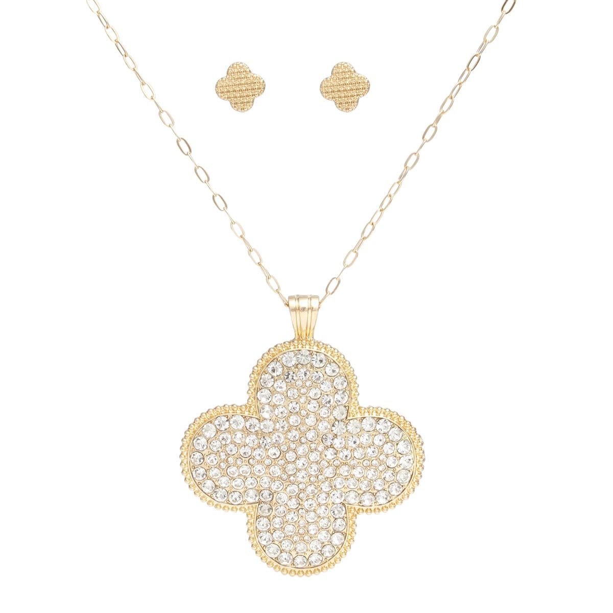 Pendant Rhinestone Quatrefoil Gold Necklace Set
