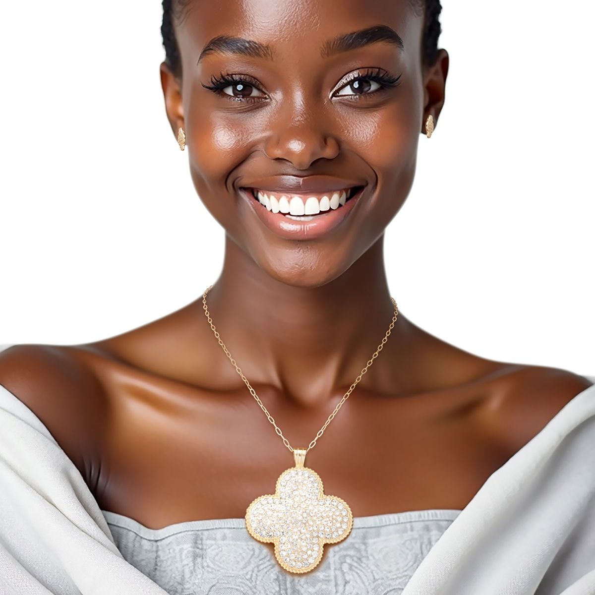 Pendant Rhinestone Quatrefoil Gold Necklace Set