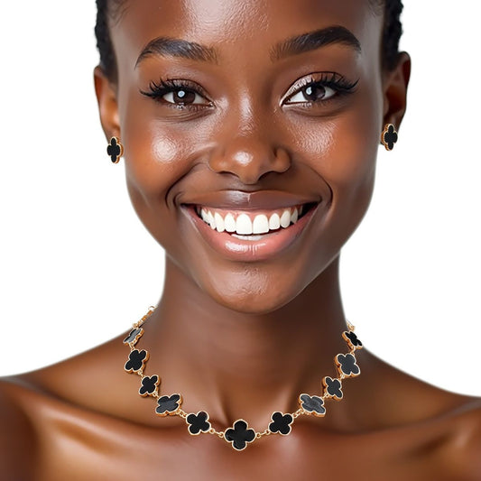 Necklace Gold Black Large Quatrefoil 16 Motifs