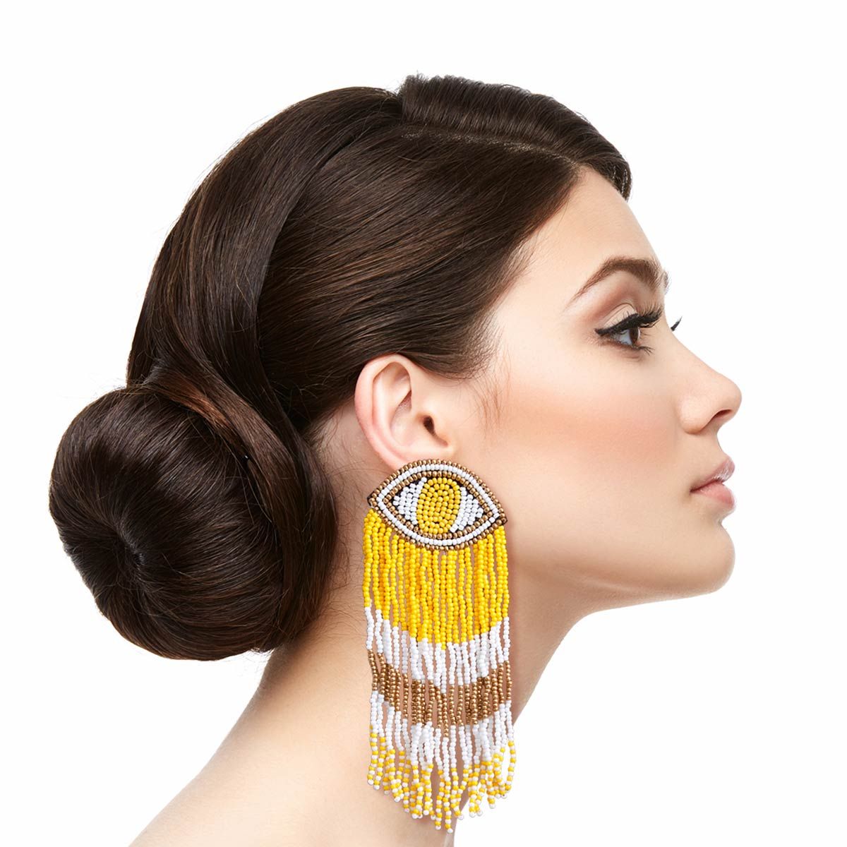 Yellow Seed Bead Evil Eye Fringe Earrings