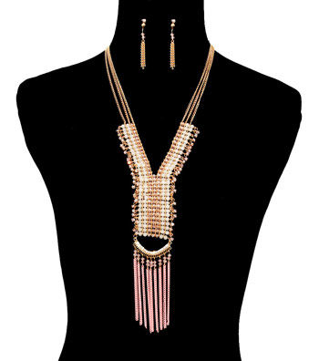 Pink Beads Drop Necklace Set