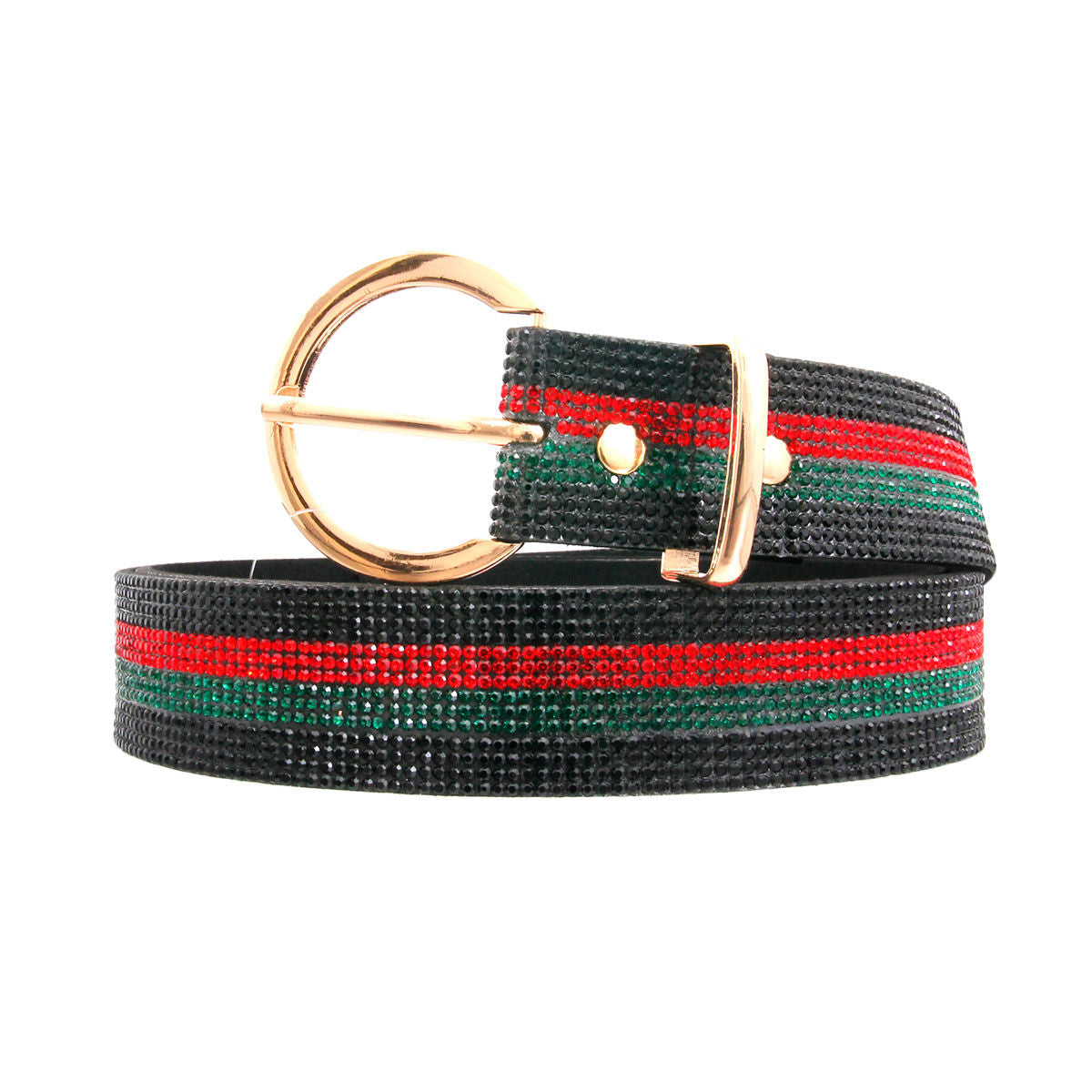 Designer Inspired Black Stripe Rhinestone Belt