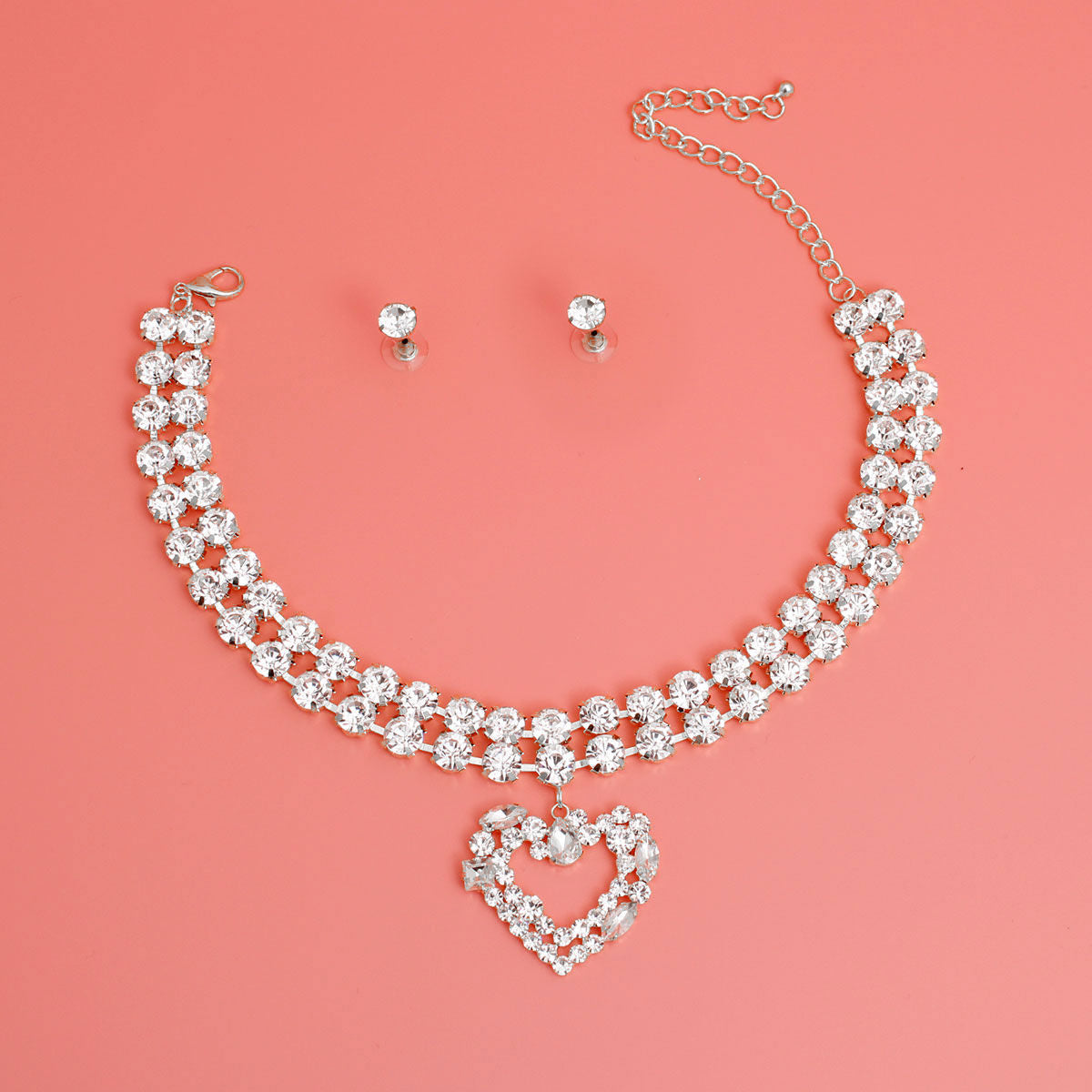 Silver Crystal 2 Row Heart Choker Set