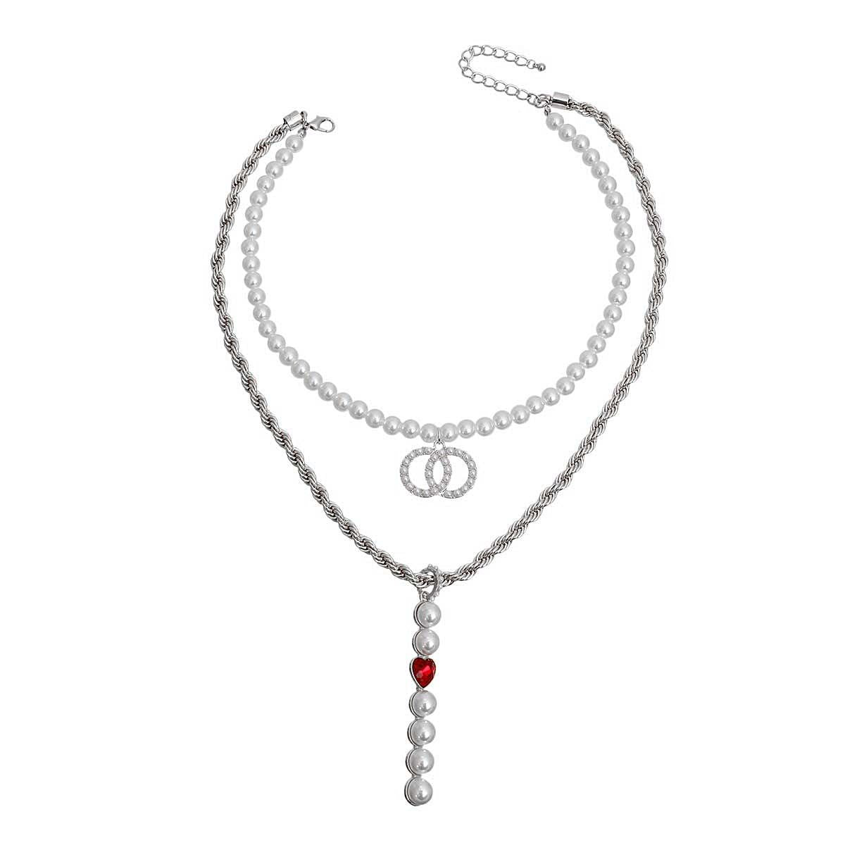 Silver Double Layer Pearl Drop Necklace