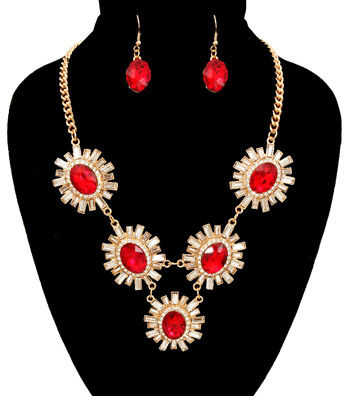 Red Flower Pendant Necklace Set