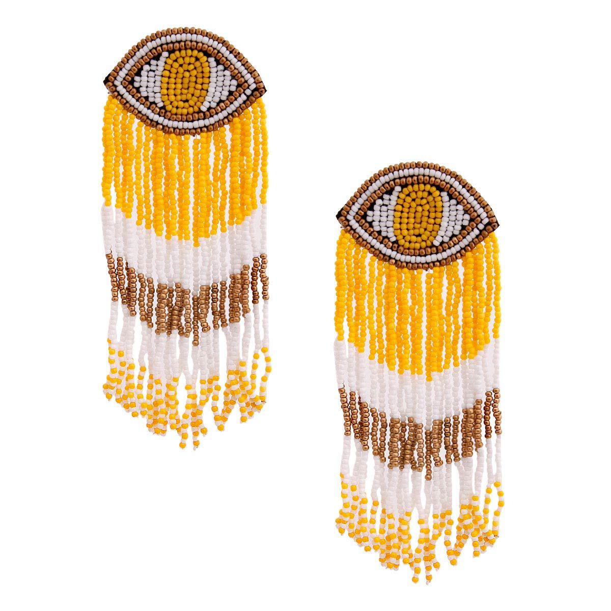 Yellow Seed Bead Evil Eye Fringe Earrings