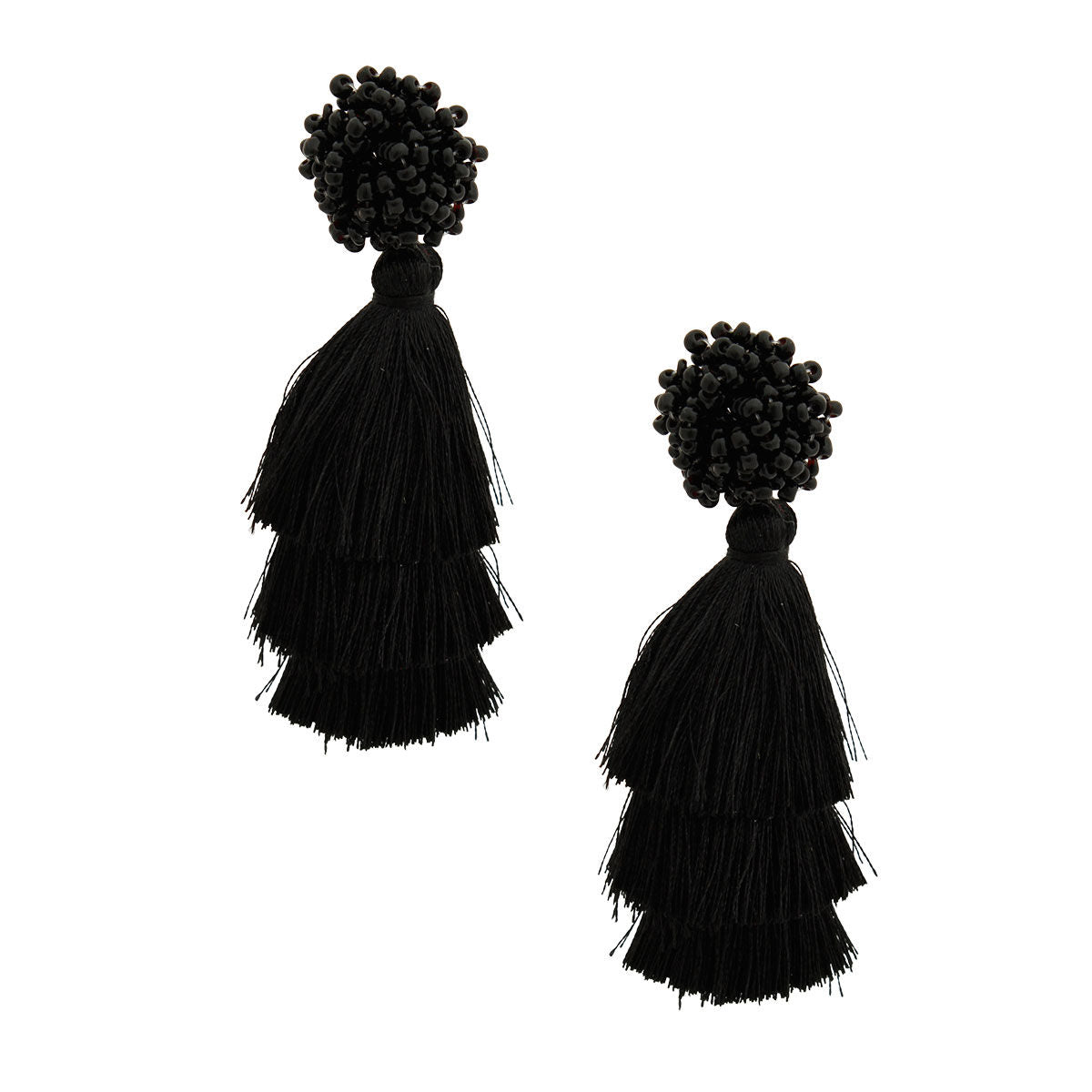 Black Cluster Bead Triple Tassel Earrings
