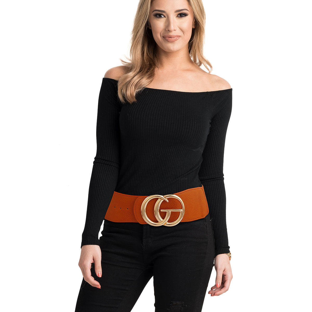 Camel and Gold Letter Wide Stretch Belt