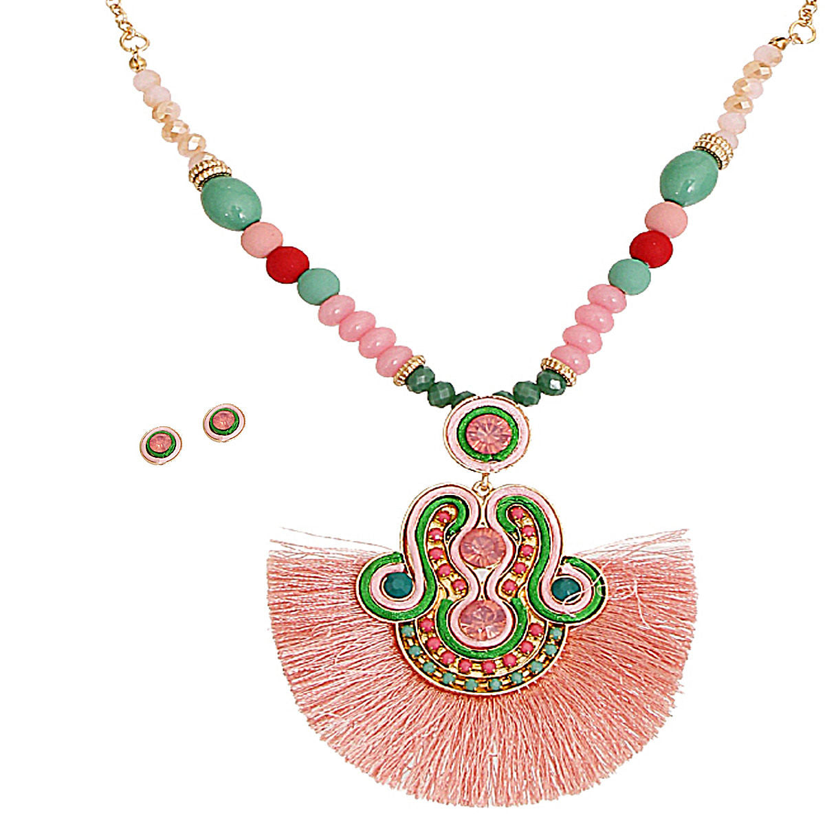 Pink Soutache Silk Tassel Necklace
