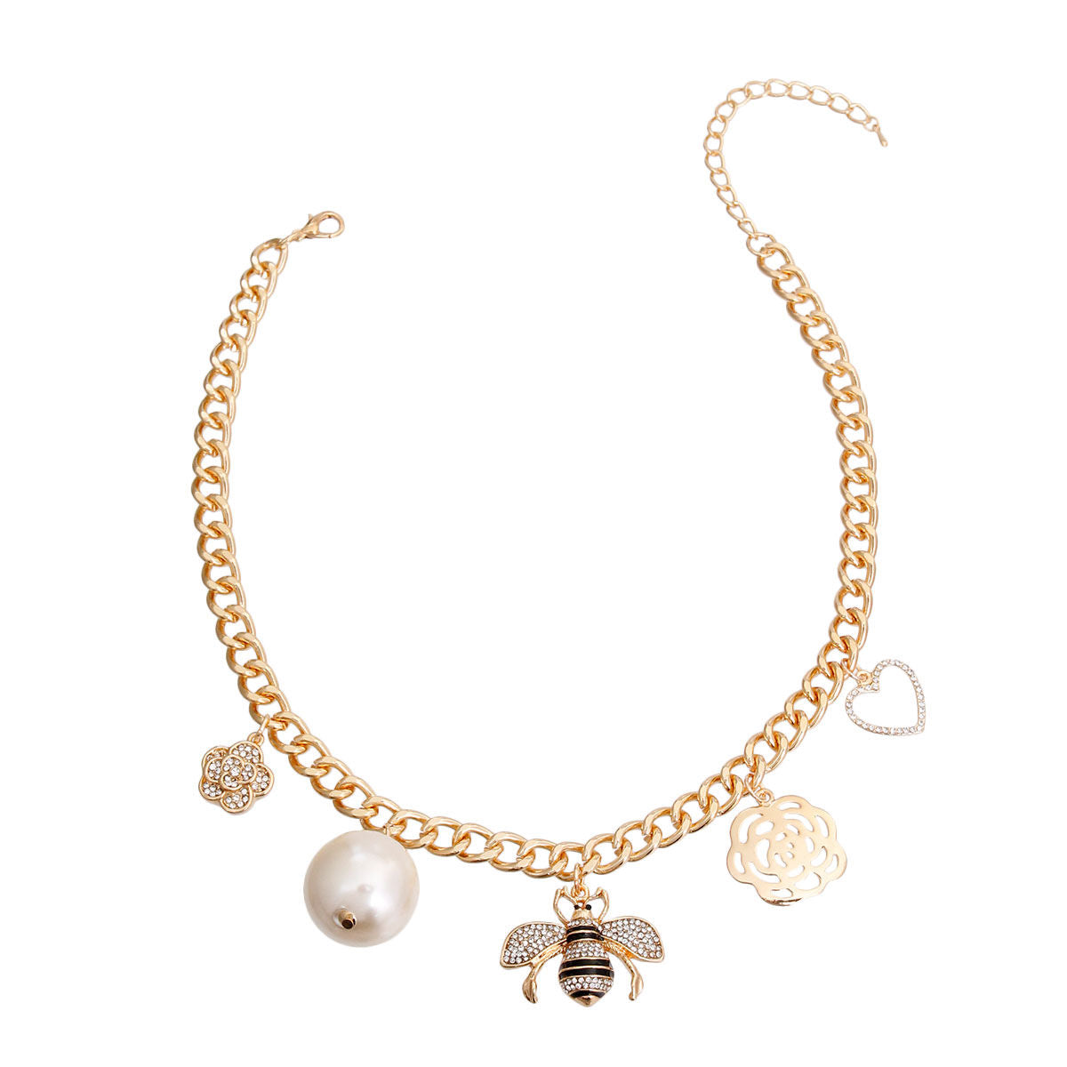 Gold Bee and Pearl Charm Necklace