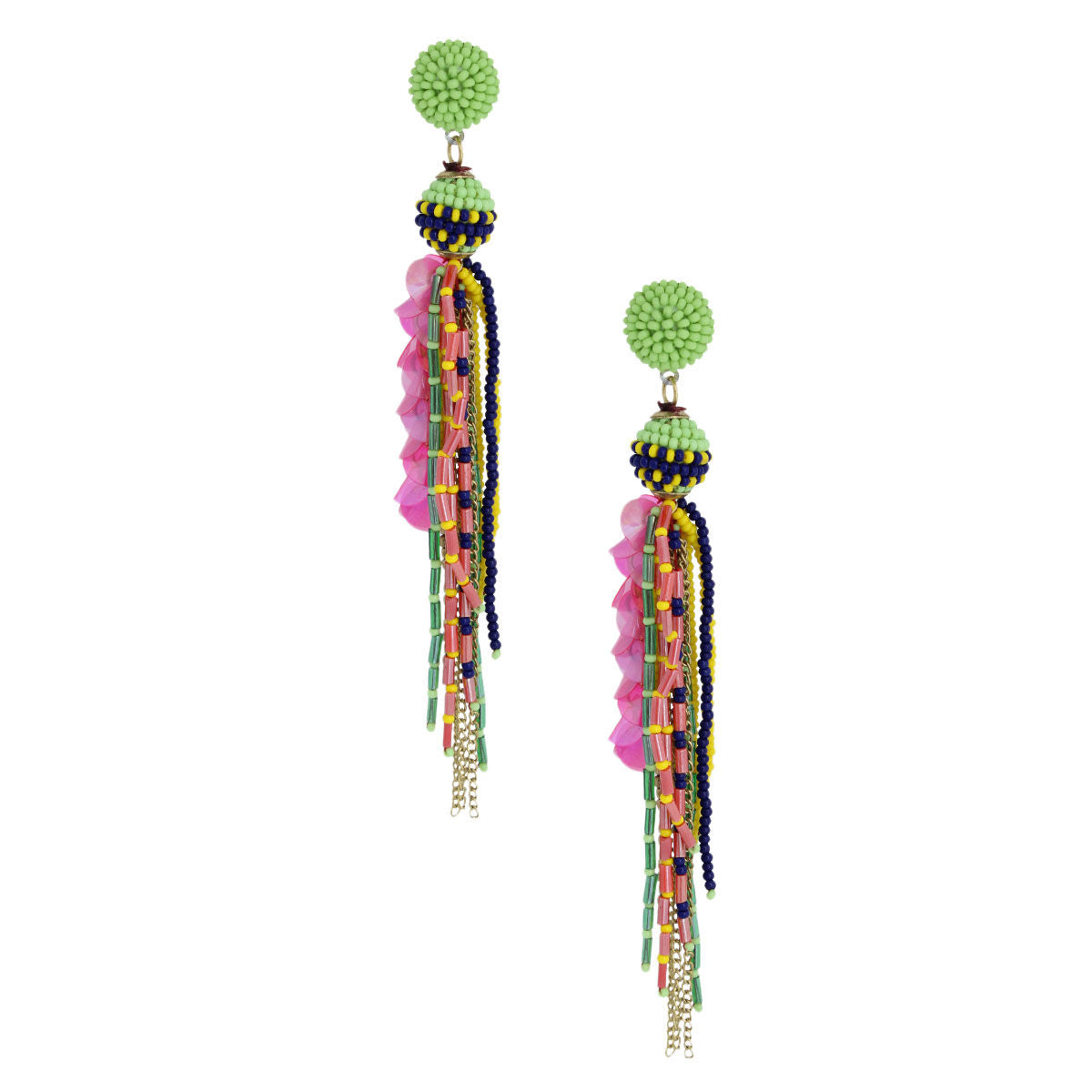 Multi Color Beaded Tassel Ball Earrings