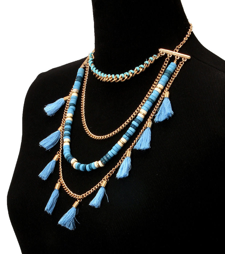 Blue Yarn Tassel Necklace Set