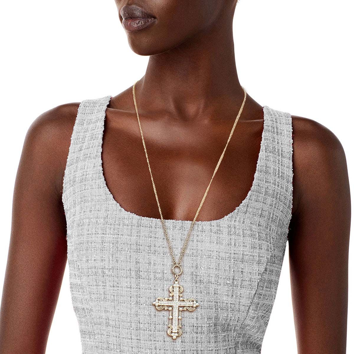 Burnished Gold Engraved Pearl Cross Necklace