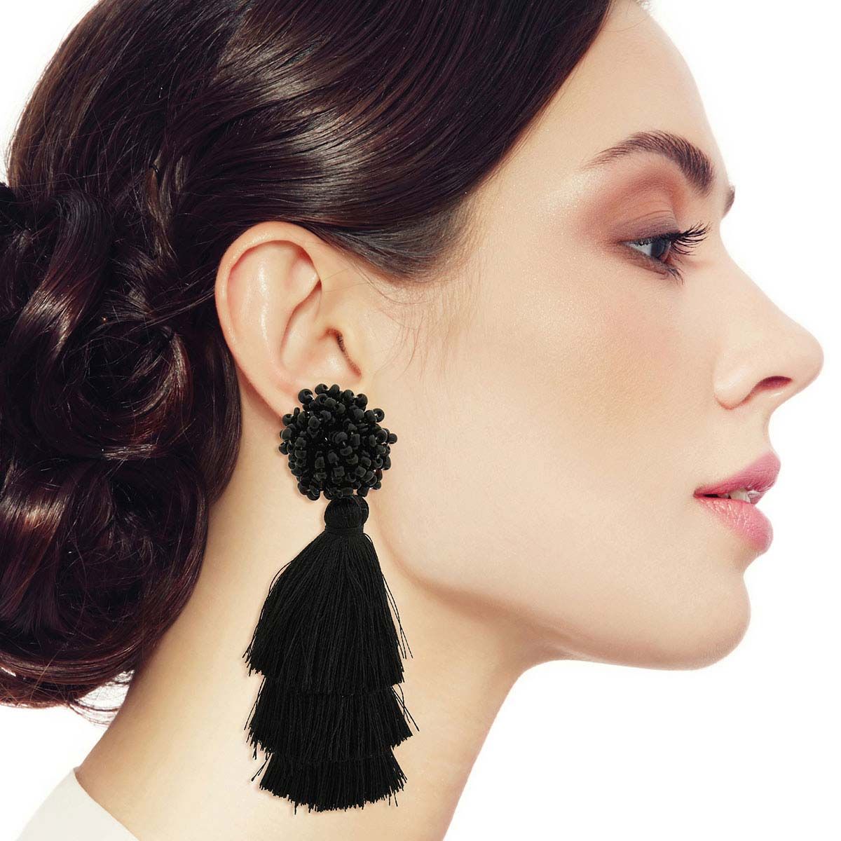 Black Cluster Bead Triple Tassel Earrings