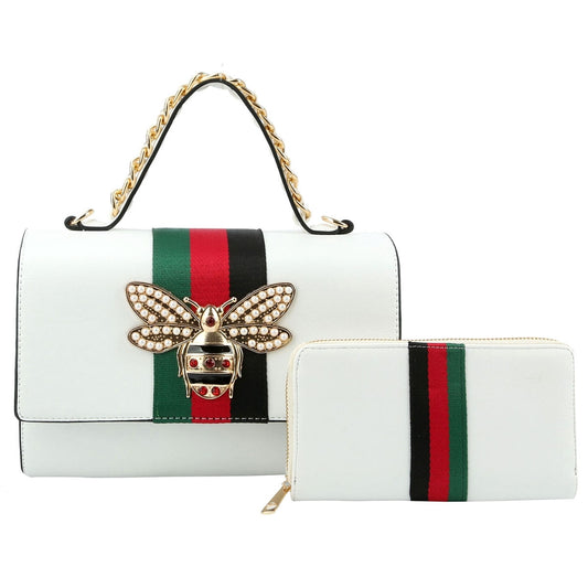 Designer White Stripe Satchel Set