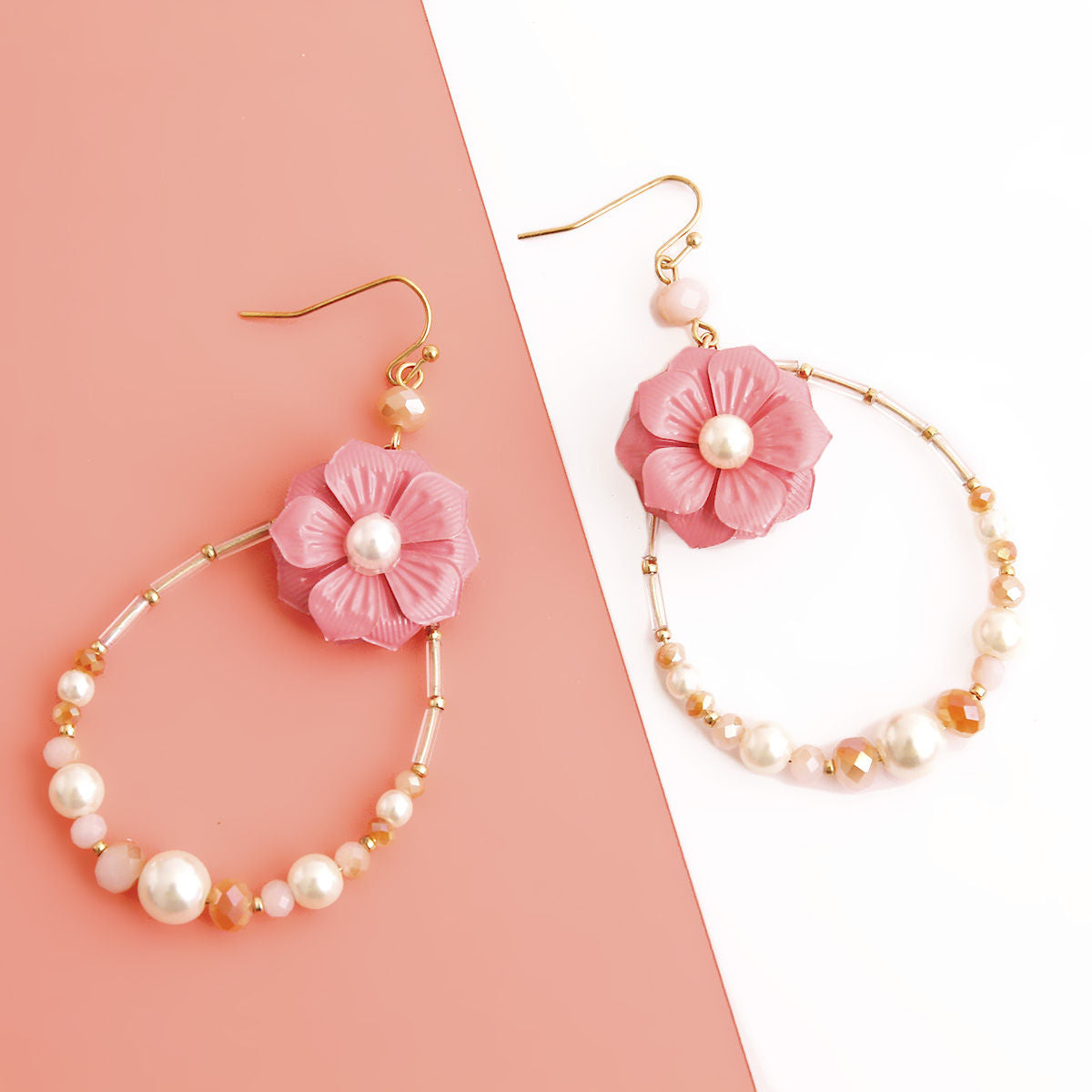 Pink Flower Teardrop Earrings with Pearl and Bead Detail