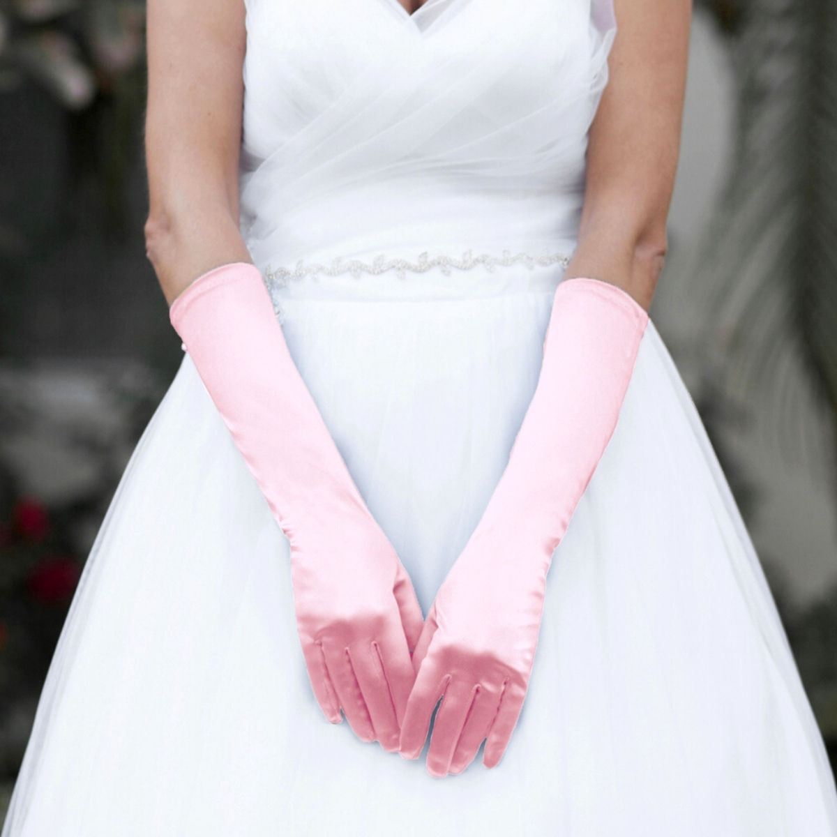 Long Pink Satin Bridal Gloves