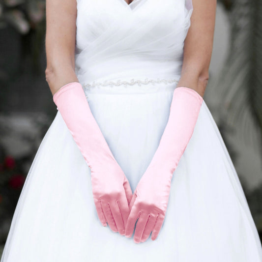 Long Pink Satin Bridal Gloves