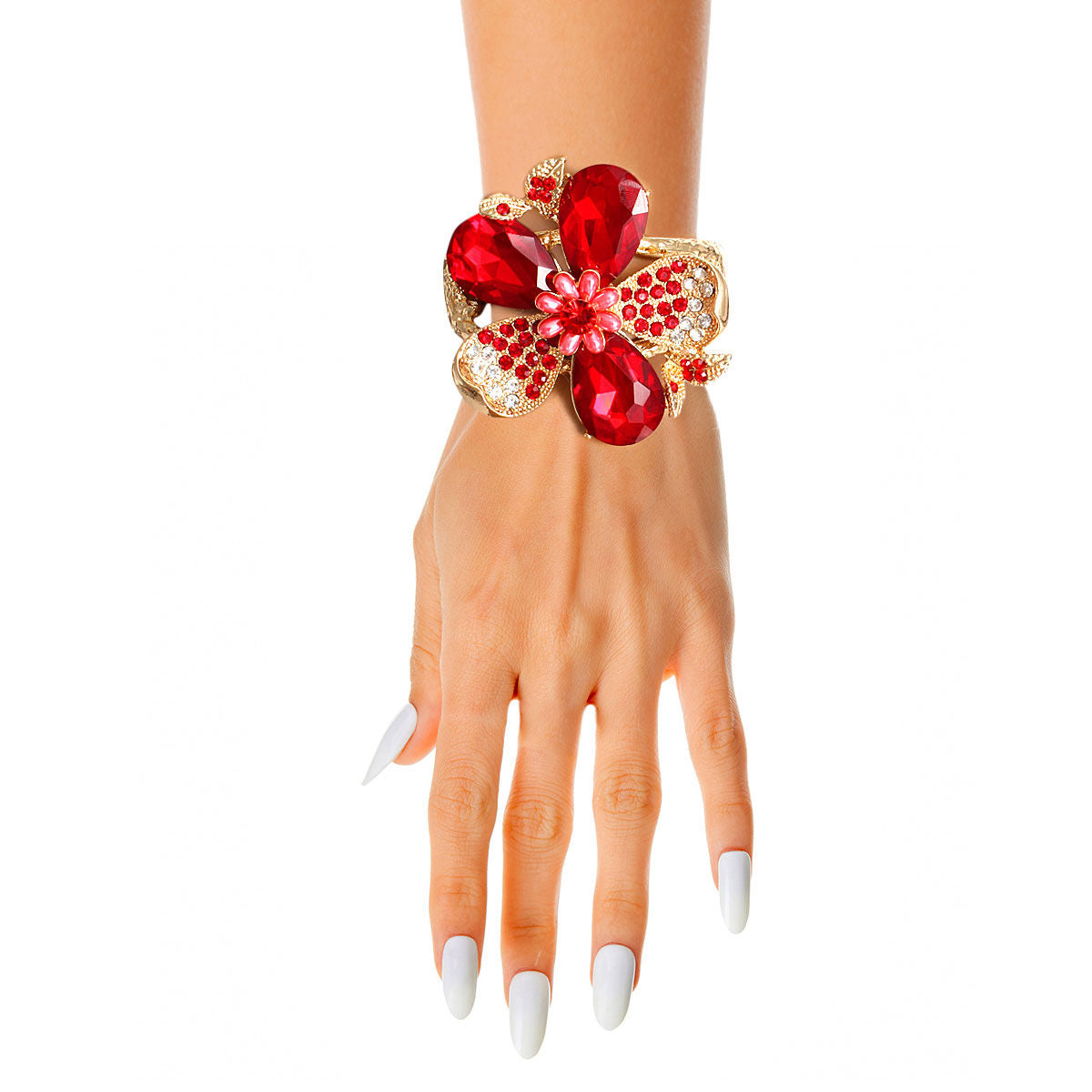 Red Crystal Floral Leaf Cuff