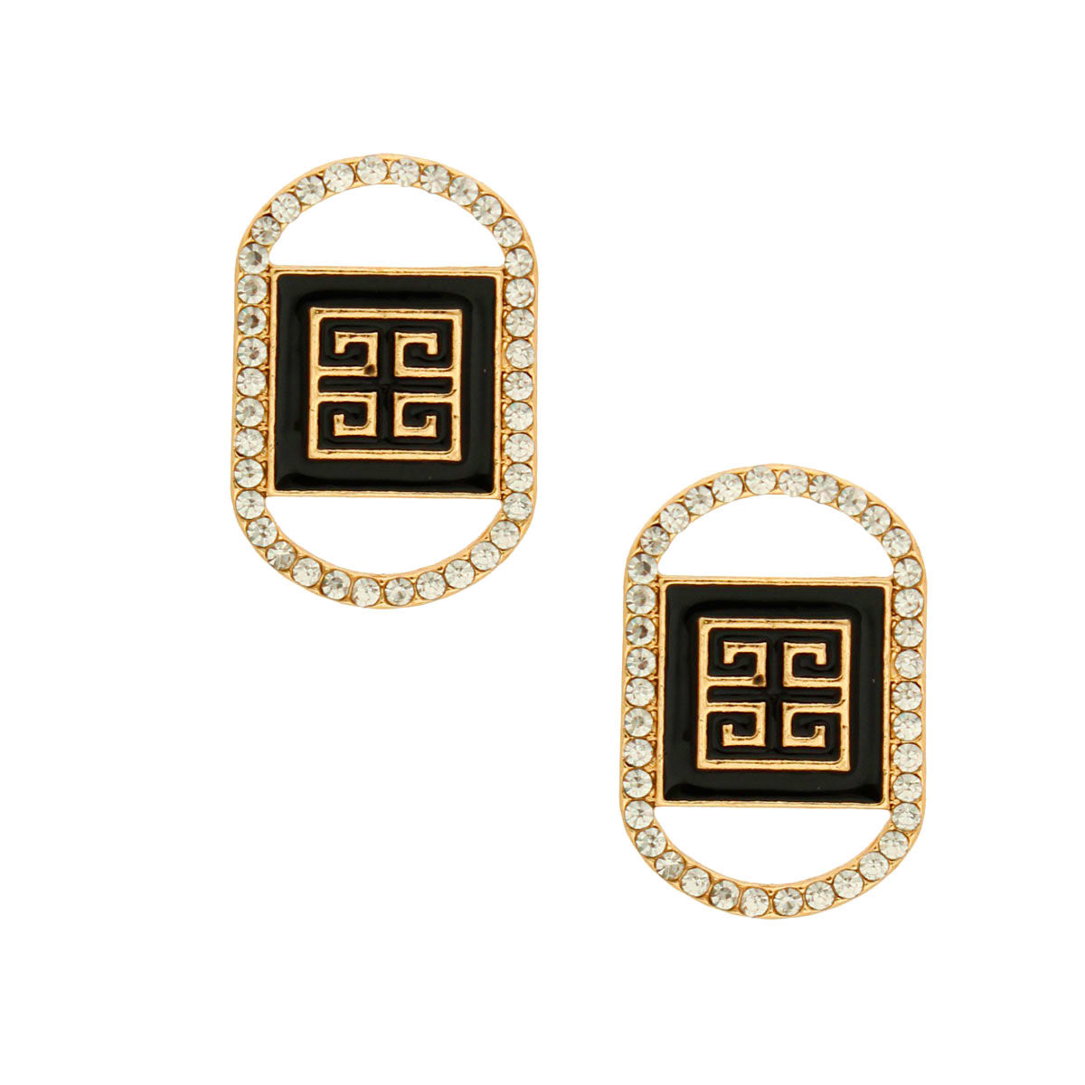 Greek Key Black Oval Rhinestone Studs