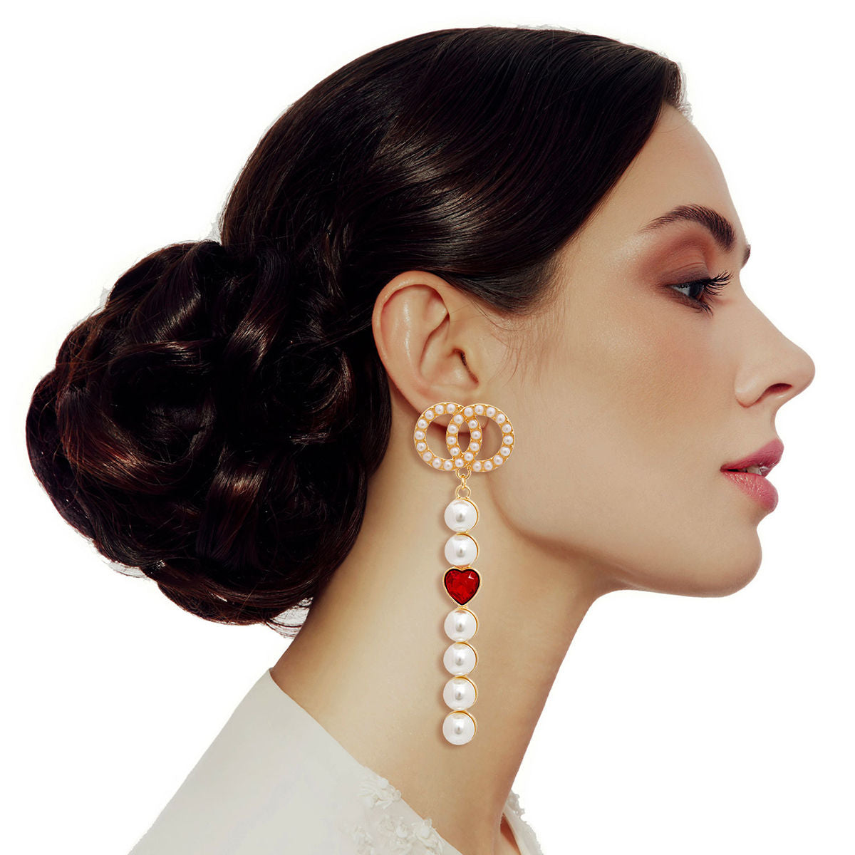 Gold Pearl Drop Heart Earrings