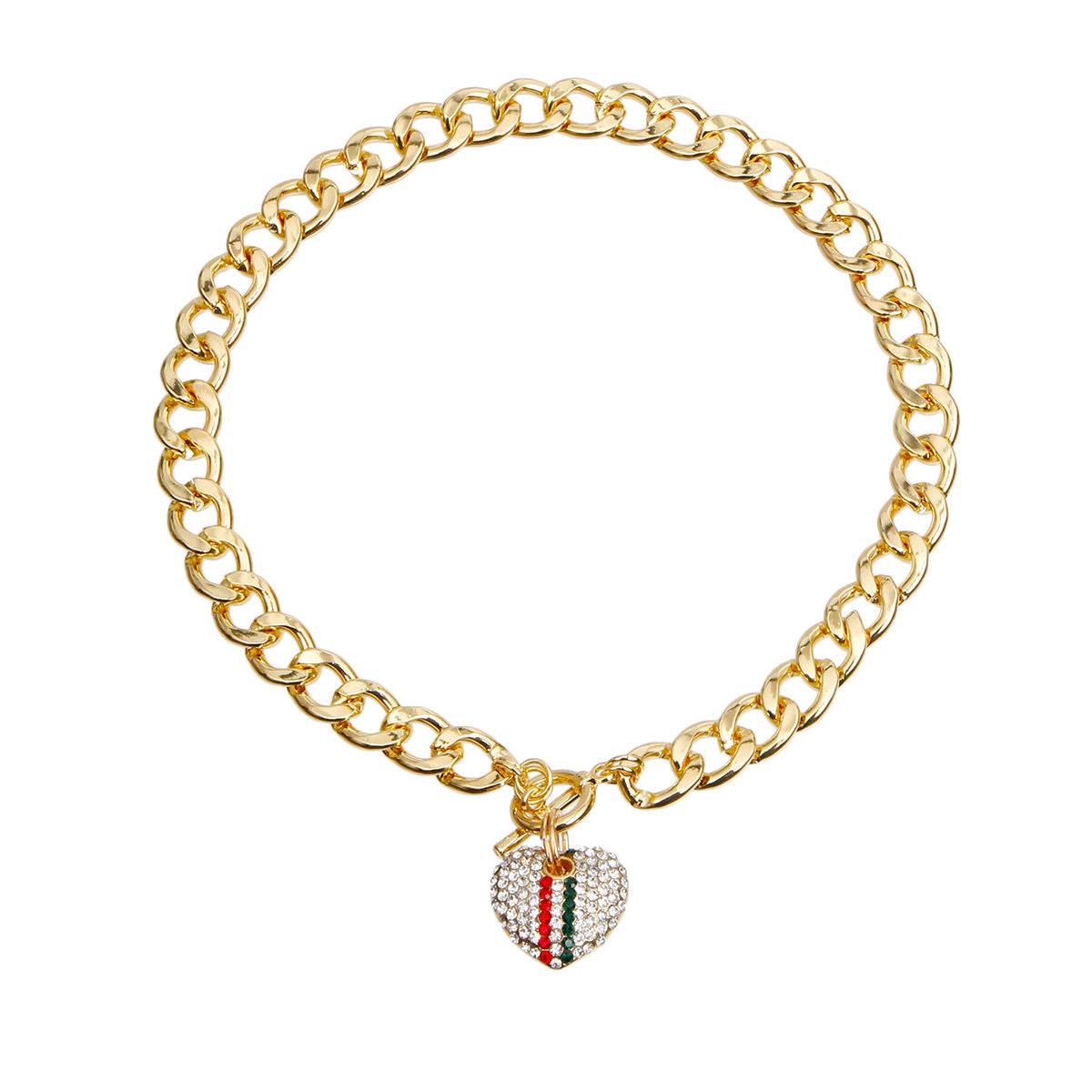 Designer Style Red and Green Rhinestone Striped Heart Toggle Necklace