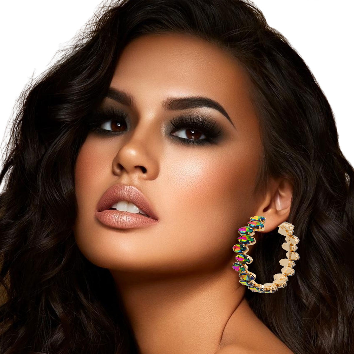 Pink Green Marquise Glass Crystal Hoops