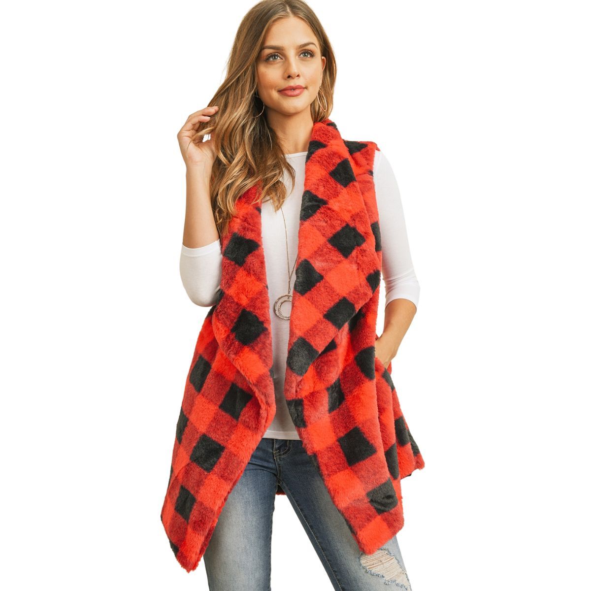 Red Buffalo Plaid Faux Fur Vest