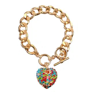 Multi Color Rhinestone Heart Toggle Bracelet