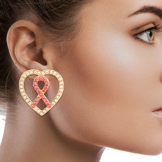 Pink Ribbon Clear Heart Studs