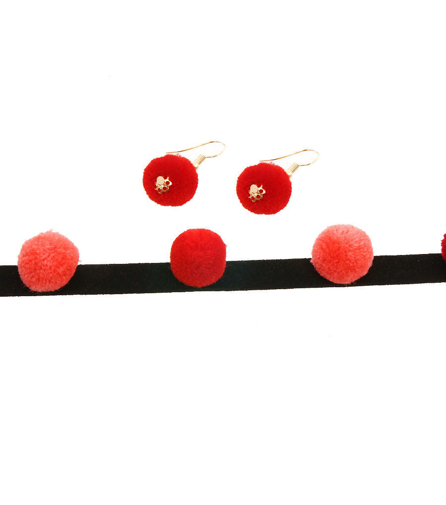 Red Pom Pom Choker Set
