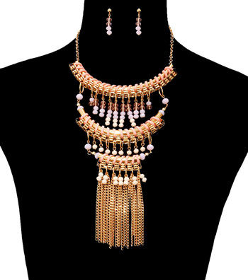 Pink Beads and Chain Drop Necklace